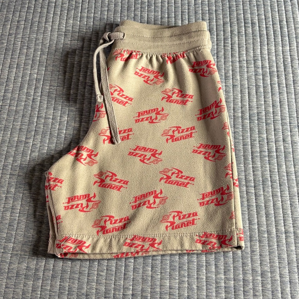 Tan Shorts with Red Pizza Planet Print